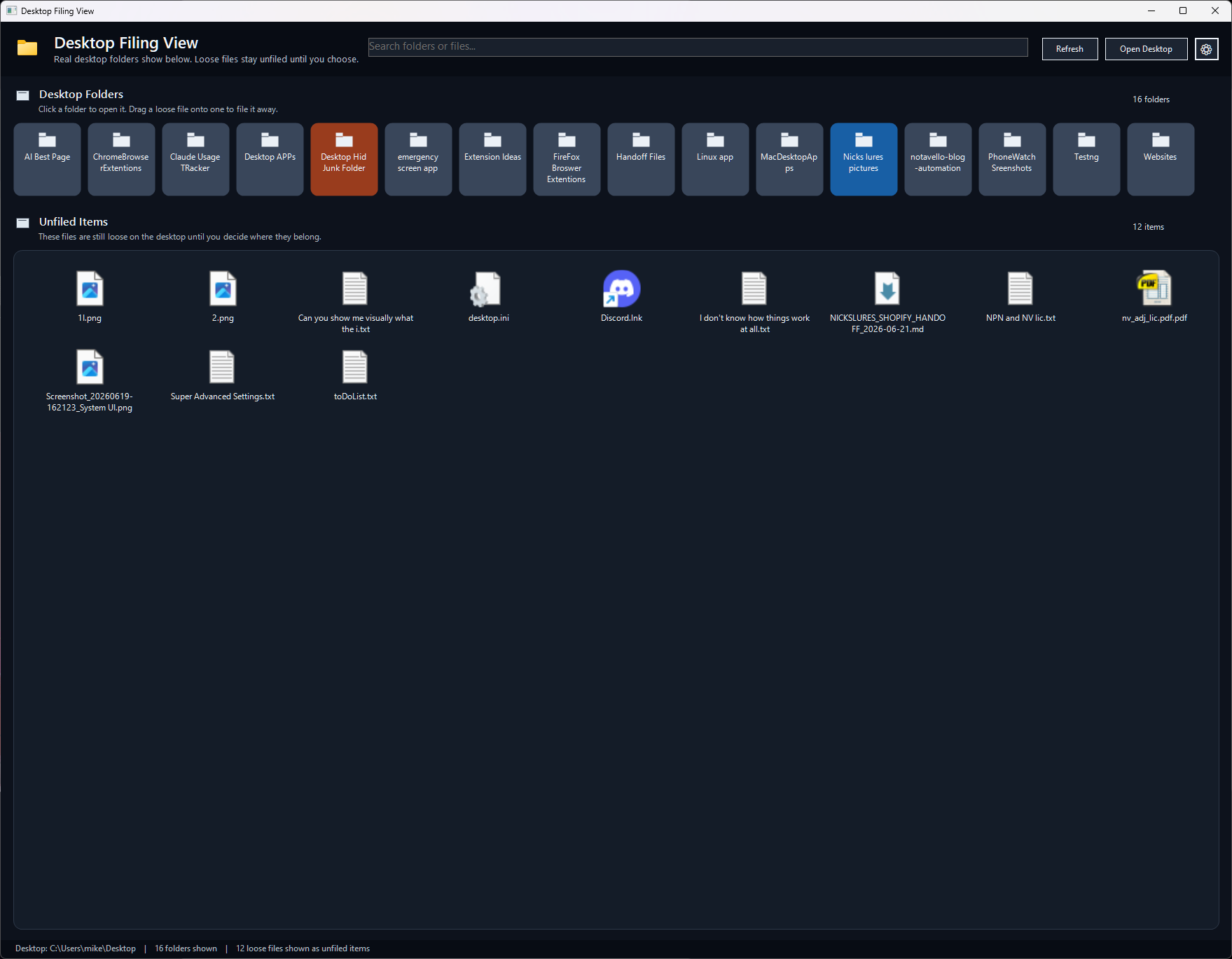 Desktop Filing View showing a flat list of desktop folders and a grid of unfiled loose files